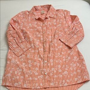 Coral Striped Floral Button-Up Shirt With Pockets